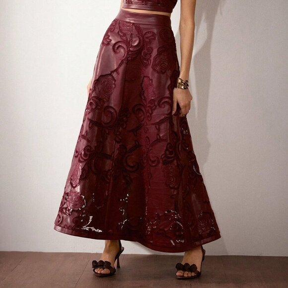 Burgundy Elegant Women's Faux Leather Embroidered High Waist A-Line maxi Skirt - Picture 1 of 7